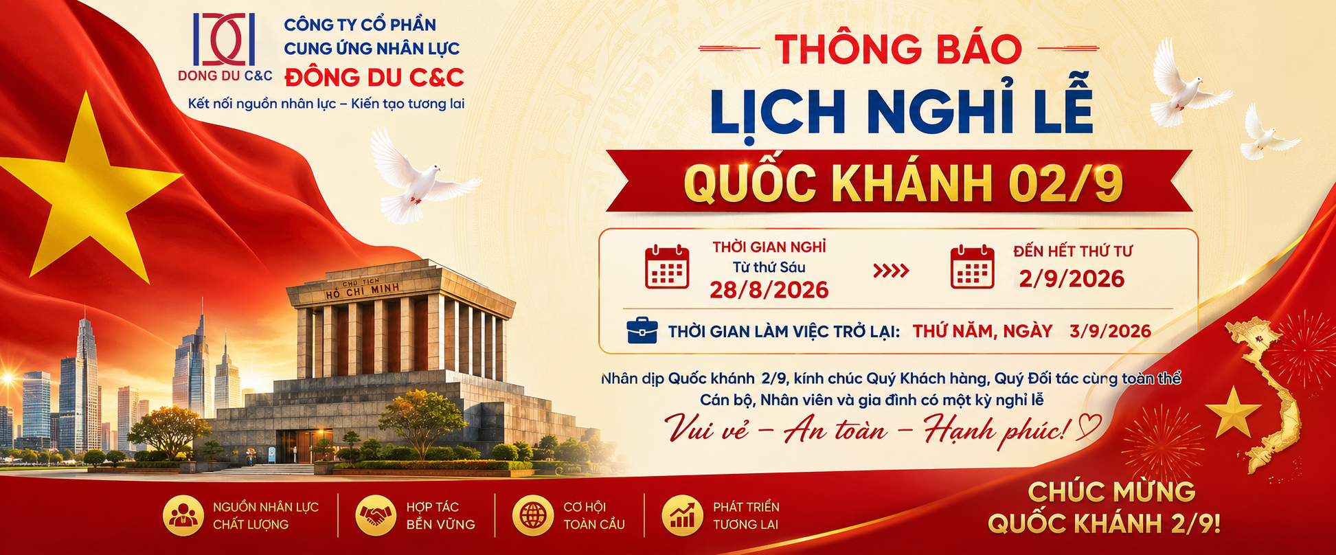 THÔNG BÁO LỊCH NGHỈ LỄ QUỐC KHÁNH 2/9/2026